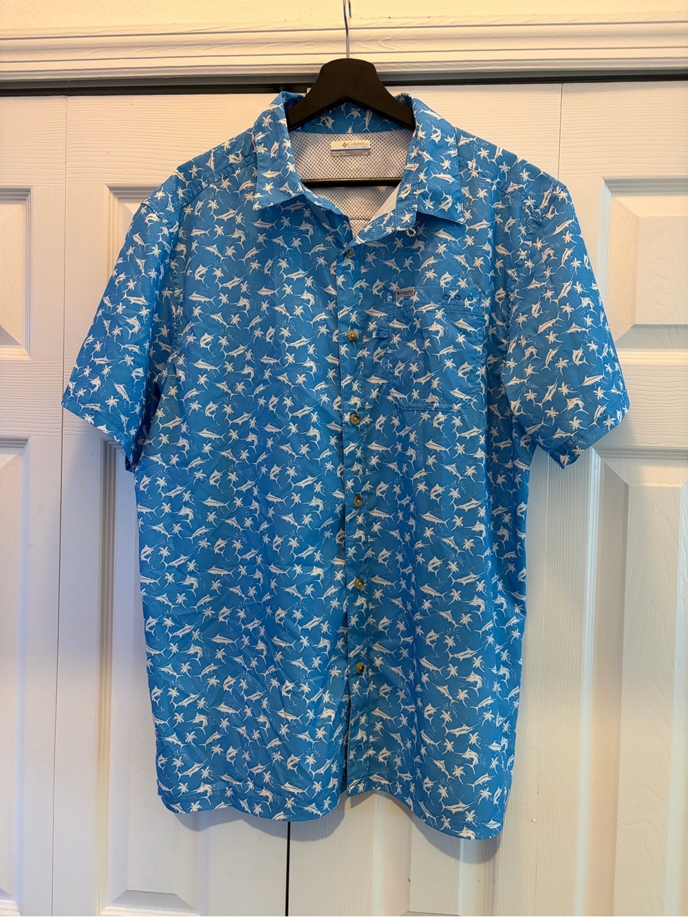 Columbia Blue Palm-Print Short Sleeve Button-Up Shirt